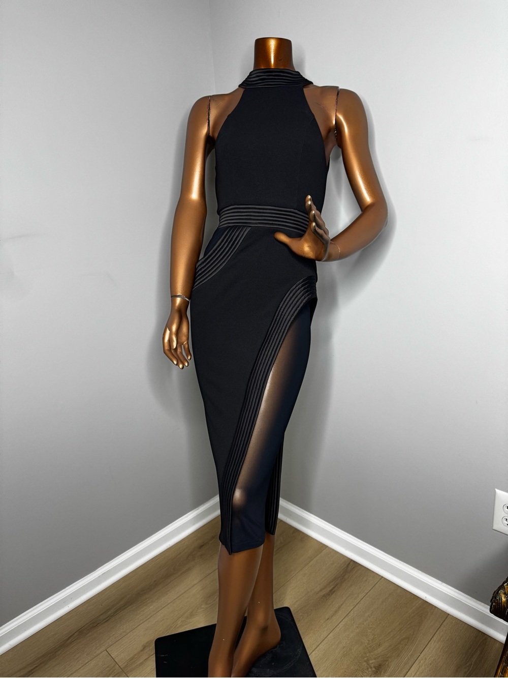 Zhivago Black Sleeveless Midi Dress with Mesh Panels